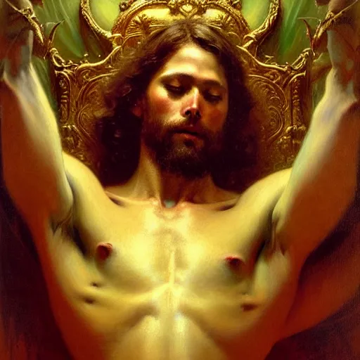 Image similar to full body portrait of blinfolded!!!! jesus christ sitting on a throne of entwined bodies, elegant, highly detailed painting by gaston bussiere, craig mullins, j. c. leyendecker, 8 k, mid shot