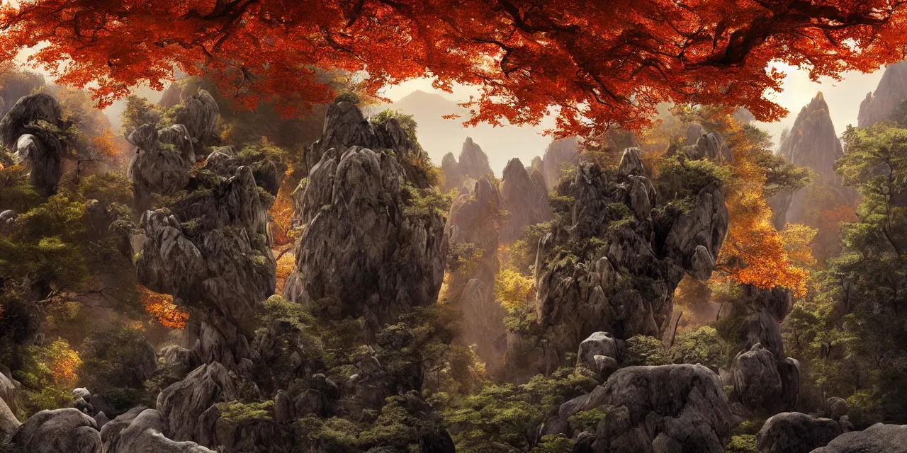 Prompt: huangshan with levitating stones in zero gravity, no trees, karst pillars forest, taoist temples and monks, human presence, artwork by ansel adams, odd nerdrum, hokusai, artstation, scifi, hd, wide angle, viewed from within a stone grotto, autumnal, sunset volumetric lighting