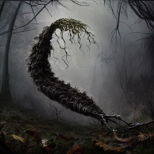 Prompt: a terrifying creature found in the woods, 🌱, by jiri trnka, digital painting, ultra realistic, dramatic lighting, thick black swirling smoke tornado, artstation