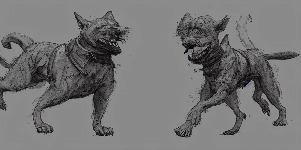 Image similar to cartoonish dog running, character sheet, fine details, concept design, contrast, kim jung gi, greg rutkowski, trending on artstation, 8 k, full body, turnaround, front view, back view, ultra wide angle