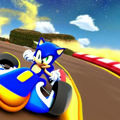 Prompt: sonic the hedgehog racing a go kart in space