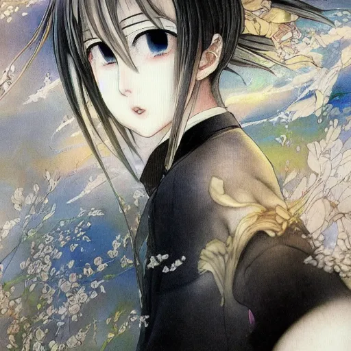 Image similar to yoshitaka amano blurred and dreamy realistic illustration of an anime girl with black eyes, wavy white hair fluttering in the wind wearing dress suit with tie, junji ito abstract patterns in the background, satoshi kon anime, noisy film grain effect, highly detailed, renaissance oil painting, weird portrait angle, blurred lost edges, three quarter view