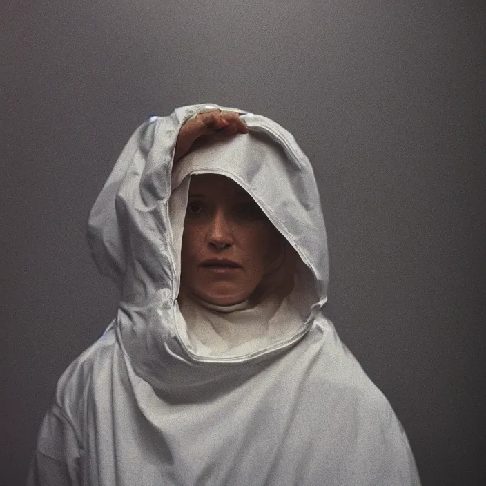 Image similar to a closeup portrait of a woman wearing a hood made of wire and plastic, in a laundry mat, color photograph, by vincent desiderio, canon eos c 3 0 0, ƒ 1. 8, 3 5 mm, 8 k, medium - format print