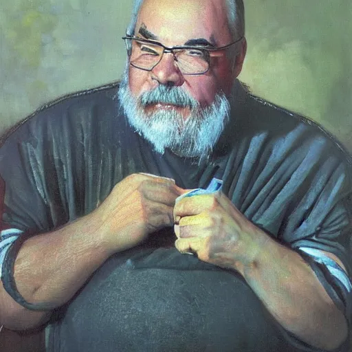 Prompt: Gary Gygax Gary Gygax plays dungeons and dragons in the middle of a field, Rye (Shishkin), painting by Ivan Shishkin, Ernest Gary Gygax face, photo by Gary Gygax, painting by Valentin Serov, oil painting, beautiful eyes