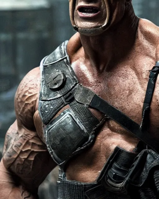 Prompt: film still close up shot of dwayne johnson as bane from the movie the dark knight rises. photographic, photography