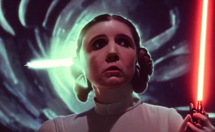 Prompt: screenshot portrait of Princess Leia using her lightsaber on a strange planet of maelstrom, chaos, the world without form and void, 1970s film by Stanley Kubrick, iconic scene, HR Geiger design, stunning cinematography, octane render, hyper-detailed, sharp, anamorphic lenses, kodak color, 4k, stunning