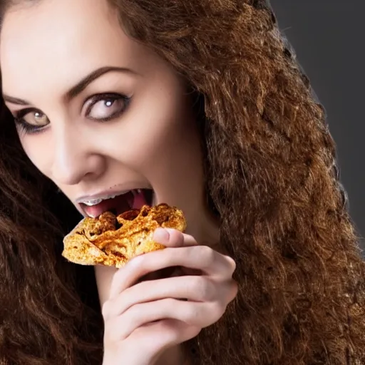 Prompt: a woman with brown hair is entangled by a big snack