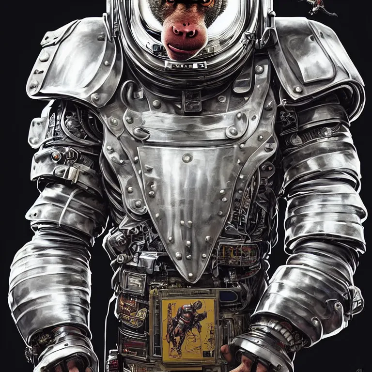 Image similar to a portrait of a muscular anthropomorphic cyberpunk baboon in spacesuit armor with ensignia on chest plate by sandra chevrier, by jon foster, detailed render, pistol in holster, extremely hyperdetailed, tape deck, epic composition, cybernetics, 4 k realistic, cryengine, realistic shaded lighting, sharp focus, masterpiece, by enki bilal