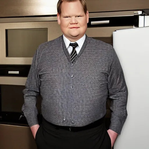 Image similar to Andy Richter is wearing a black suit and necktie and standing in a kitchen in front of an open refrigerator. There is a bright white light coming from inside the refrigerator. Andy is using his hand to shield his eyes from the bright light. Andy is squinting his eyes and his face is scrunched.