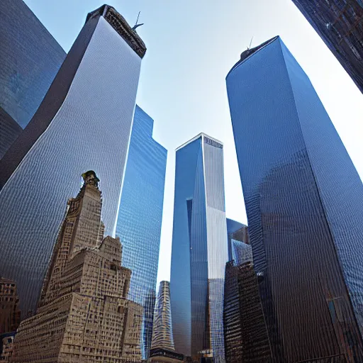 Image similar to World Trade Center twin towers, futuristic New York, street level shot