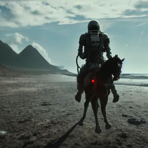 Prompt: death stranding game, an astronaut carries a toy horse on his back, the horse is above all, an astronaut carries a horse on his back, a horse riding an astronaut, games lag, lag in the game, unreal engine 5, artstationhd, 4 k, 8 k, 3 d render, 3 d houdini, cinema 4 d, octane,