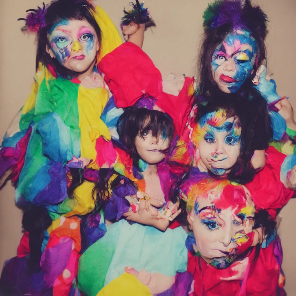 Image similar to a funny person wearing exaggerated makeup and colorful oversized garments, full body portrait, at a child's birthday party, polaroid