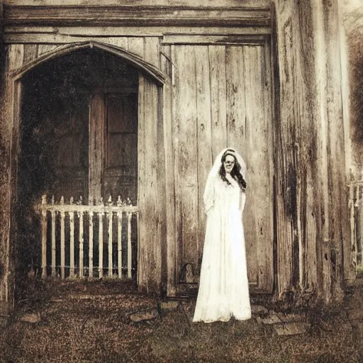 Image similar to picture of ghostly bride in front of an old wooden white church, 1 9 th century southern gothic scene, made by chausheva, katia