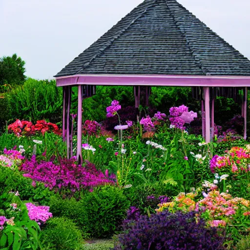 Image similar to a flower garden with a gazebo