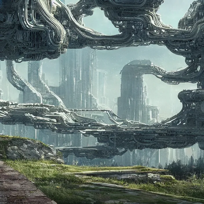 Prompt: a building in a serene landscape, biopunk