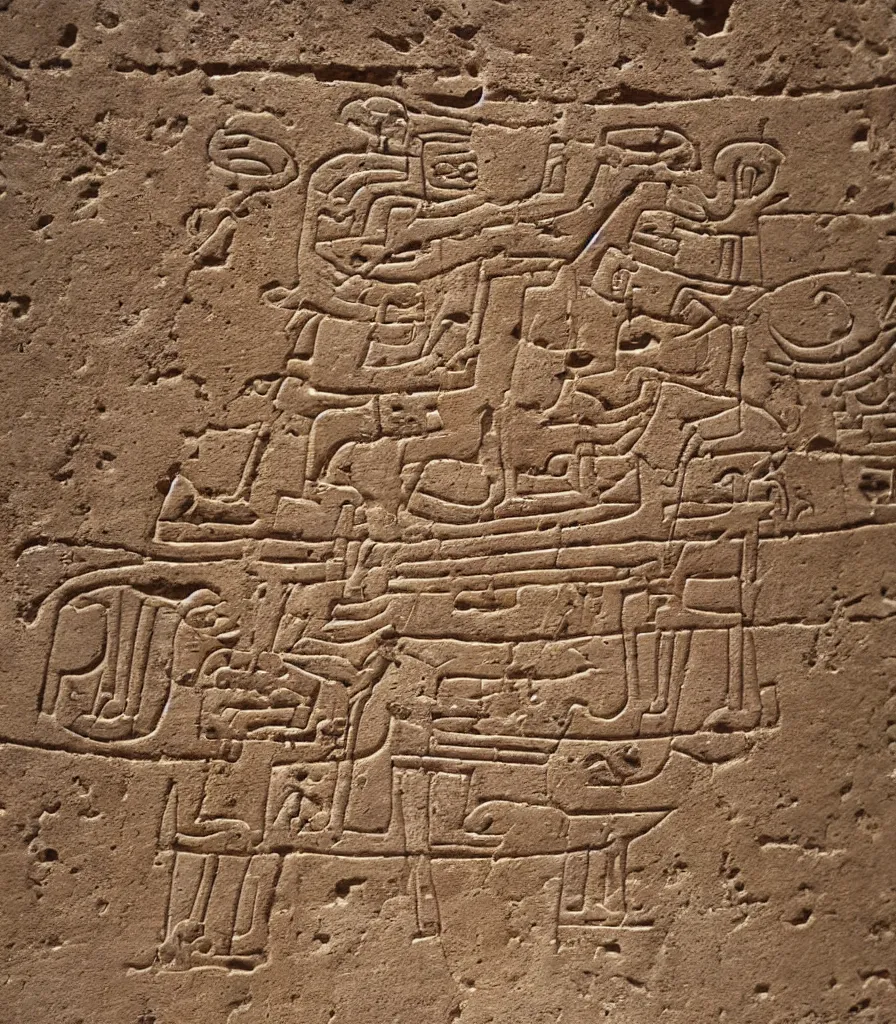 Prompt: ancient hieroglyph engraved into limestone, nabataen culture