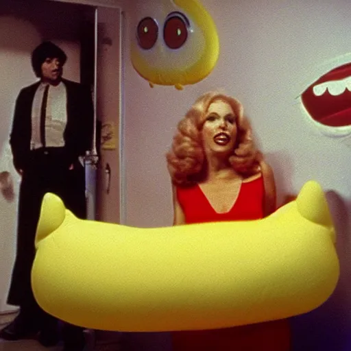 Image similar to bored housewife meets a smiley inflatable toy in a seedy motel room, 1982 color Fellini film, ugly motel room with bad art on the dirty walls, archival footage, technicolor film, 16mm, live action, John Waters, wacky children's tv campy comedy