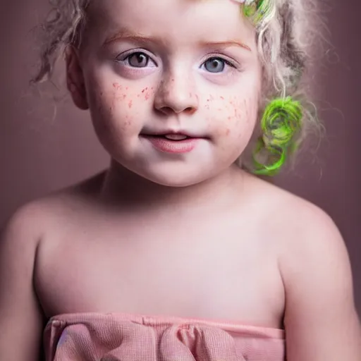 Image similar to perfect baby beauty itself. with a bit of freckles and beautiful bright green eyes red curled hair perfect light pink lips stare intently, award winning studio portrait