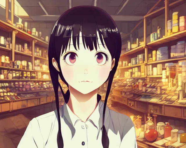 Image similar to anime visual, portrait of a young female traveler in a alchemist's shop interior, low light, cute face by ilya kuvshinov, yoh yoshinari, katsura masakazu, studio lighting, dynamic pose, dynamic perspective, strong silhouette, anime cels, cel shaded, flat shading, crisp and sharp, rounded eyes, moody