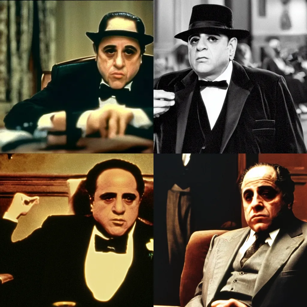 Prompt: A still of Dannny Devito in the Godfather. He is dressed in a suit, and is part of the mafia. 8k wallpaper