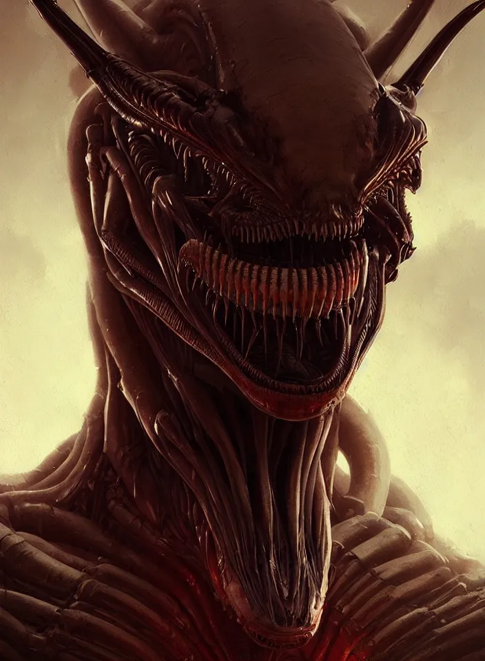 Prompt: a face portrait of a creature invoking fear, art by greg rutkowski, alien xenomorph, horror setting, dark lighting, matte painting, trending on artstation, very detailed