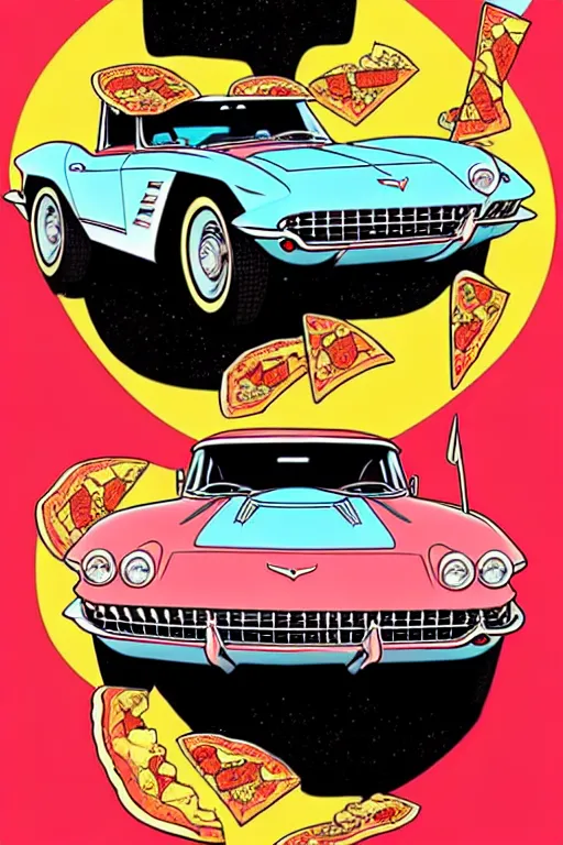 Prompt: comic cover art of a ( ( hot and melty ) ) ( ( slice of pizza ) ) floating above a ( ( 1 9 6 3 corvette stingray ) ), by jenny frison and sana takeda, intricate details, stunning inking lines, flat colors, 4 k, hd, artstation