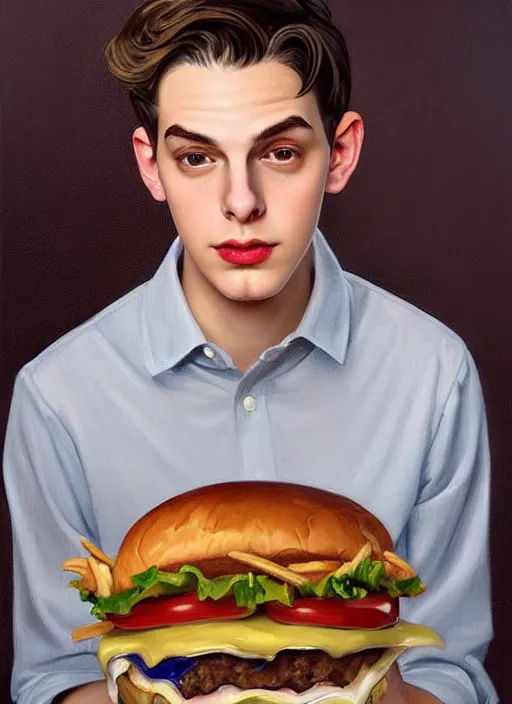 Image similar to oil painting, teenage jughead jones, wears a light grey crown, and devours a hamburger, intricate, elegant, highly detailed, pinocchio nose, lighting, painting, artstation, smooth, illustration, art by greg rutowski and alphonse mucha