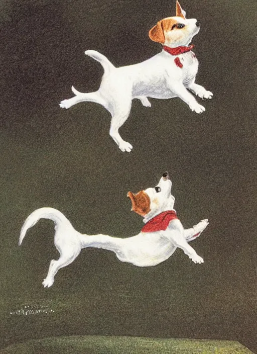 Image similar to jack russel terrier jumping from the ground over a small house, illustrated by peggy fortnum and beatrix potter and sir john tenniel