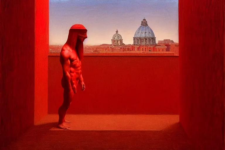 Image similar to only with red, caesar after war, the great deal, a red tiger, in hoc signo vinces, rome in background, an ancient path, in the style of beksinski, part by hopper, part by rodcenko, part by hofbauer, intricate composition, red by caravaggio, insanely quality, highly detailed, masterpiece, red light, artstation