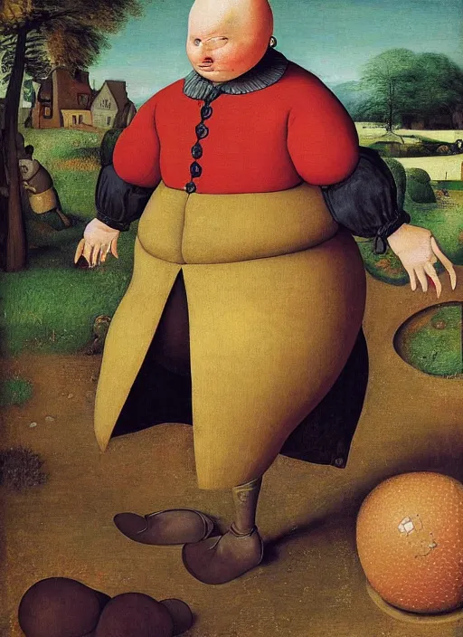 Image similar to full body detailed painting of silly round humpty dumpty with jack black facial expression, realistic, pieter brueghel