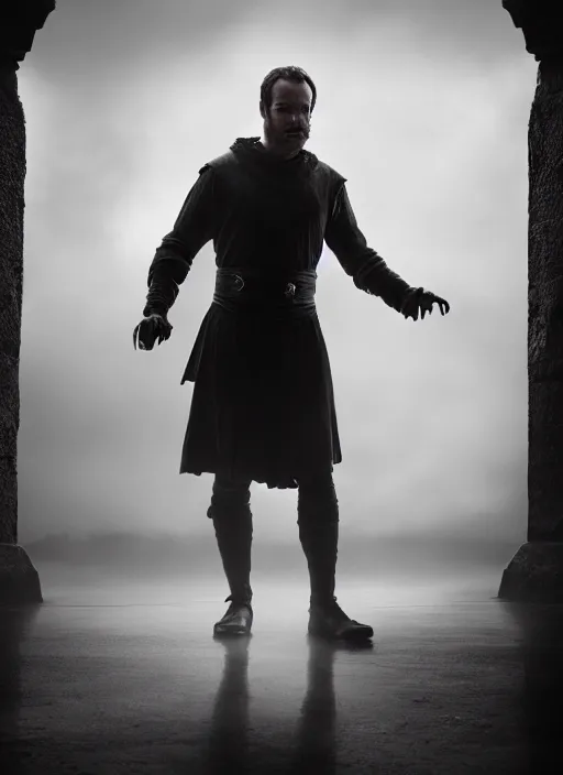 Prompt: portrait of michael fassbender dressed as macbeth, doubting sad expression, dramatic lighting, octane, mist, steve mccurry, volumetric lighting, 8 k