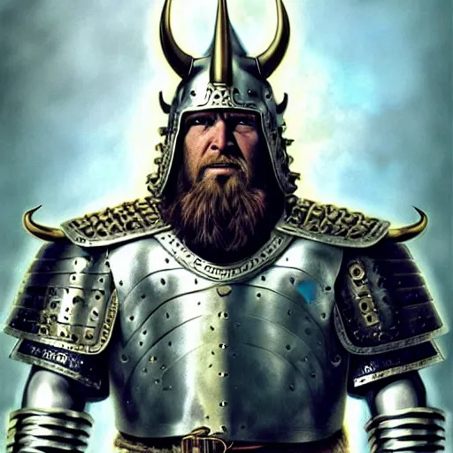 Prompt: portrait of a Viking warlord, with a horned helmet and a Silver Armour, gold bracers, upper body, Shiny armour vest, Ocean, blue sky, D&D, fantasy, intricate, cinematic lighting, highly detailed, digital painting, artstation, concept art, smooth, sharp focus, illustration, art by Artgerm and Greg Rutkowski and Alphonse Mucha