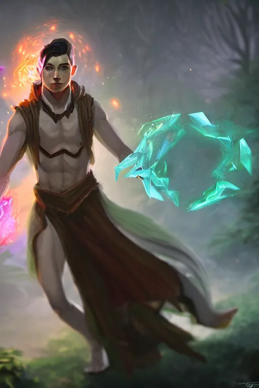 Image similar to a human elemental sorcerer, forest setting, colorful magic, male, white skin, young, sharp focus, concept art, dynamic lighting, unreal engine, by jeffchendesigns