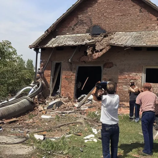 Image similar to an old village house, in the ground a large funnel from the explosion, around people take pictures of this funnel