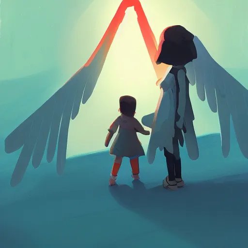 Image similar to Angel protecting child by james gilleard, very detailed, deviantart, artstation