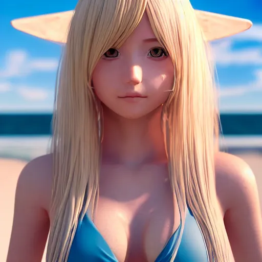Image similar to Render of a very beautiful 3d anime girl, long white hair, hazel eyes, cute freckles, full round face, short smile, bikini top, golden hour, serene beach setting, medium shot, mid-shot, highly detailed, trending on Artstation, Unreal Engine 4k
