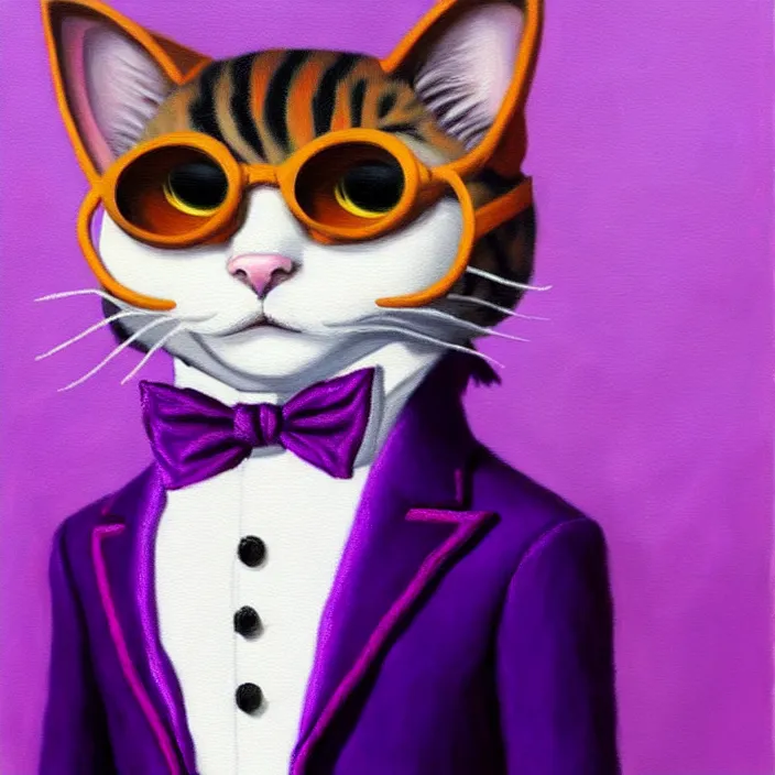 Image similar to an anthropomorphic purple male cat fursona dressed as willy wonka, furry, oil on canvas, soft colors, cute