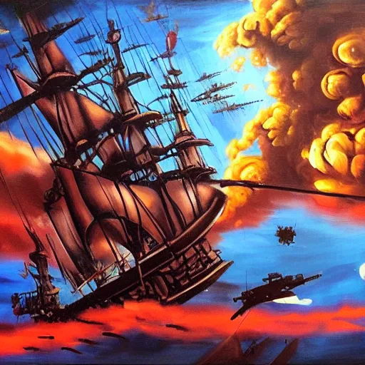 Image similar to A steampunk pirate attacks a spaceship. Oil painting