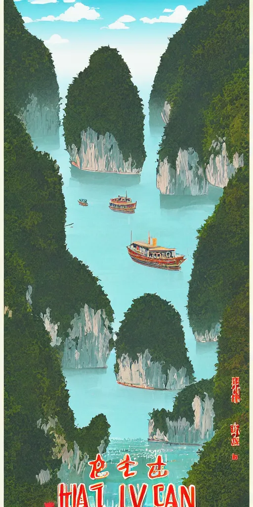 Prompt: travel poster image of ha long bay in vietnam by studio ghibli