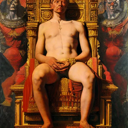 Image similar to Realistic painting of a roman emperor sitting on his throne in his palace dramatic lighting, high-detailed oil painting by Ilya Repin, William Blake, Michelangelo da Caravaggio, Alex Grey and Beksinski, masterpiece, 4k