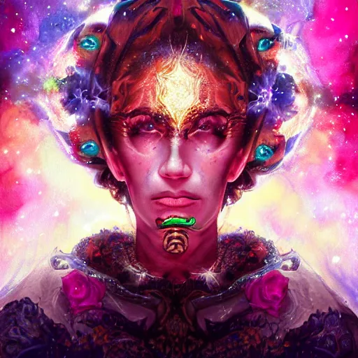 Image similar to Very very very very highly detailed mystic, enigmatic, strange portrait with galaxy, roses, shark's teeth by Mozart, intricate, extremely detailed, digital painting, artstation, concept art, smooth, sharp focus, illustration, intimidating lighting, incredible art,