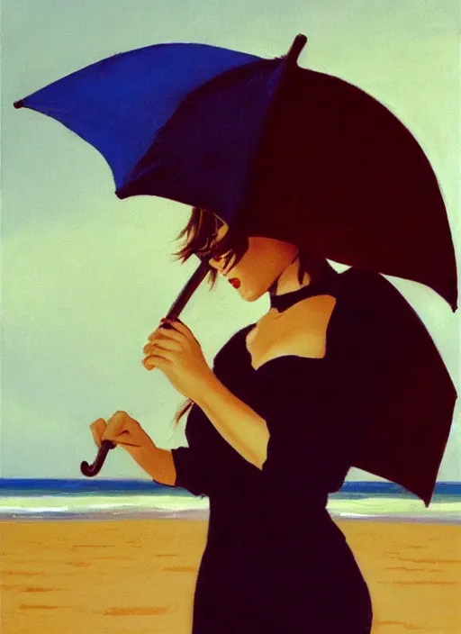 Prompt: a portrait of an beautiful young girl standing on a beach holding an umbrella, highly detailed, dramatic lighting, intense shadows, rich deep colours, by jack vettriano