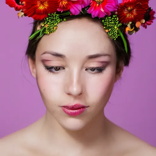 Image similar to portrait of a female with flower headpiece for photoshoot, photography