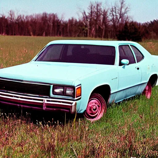 Prompt: A photograph of a beater beater beater beater beater abandoned abandoned abandoned 1976 Powder Blue Dodge Aspen in a farm field, photograph taken in 1989