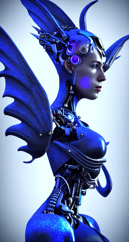 Image similar to portrait of a cyborg woman with metal wings a blue dragon scale, trending artstaition, unreal engine