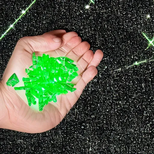 Image similar to a glowing green crystalline shard of kryptonite held in an open black - gloved hand, black background