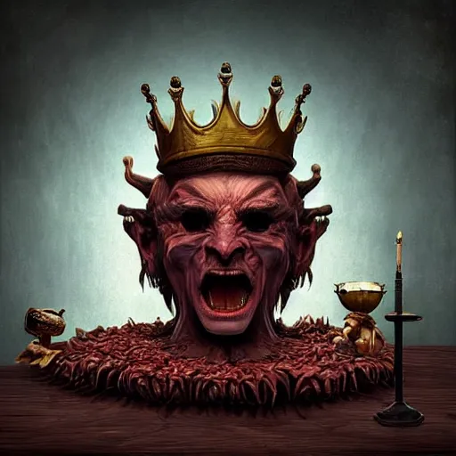 Prompt: ( ( ( ( ( ( a demon with a crown sitting on top of a table ) ) ) ) ) ), a character portrait by vladimir kush, zbrush central contest winner, fantasy art, zbrush, dystopian art, rococo!!!!!!!!!!!!!!!