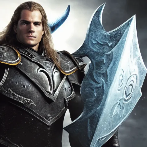 Prompt: Henry Cavill as Arthas Menethil in World of Warcraft, promo shoot, studio lighting