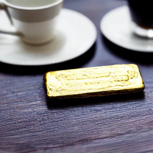 Image similar to a solid gold bar on a cafe table on a sunny day, f / 1. 9 6. 8 1 mm iso 4 0