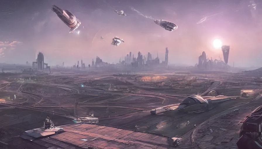 Image similar to a beautiful matte painting of a flying science fiction space ship over the old soviet city simon stalenhag and alan bean, trending on artstation, realistic rendering